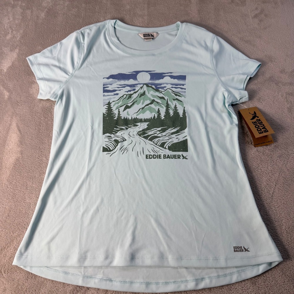Eddie Bauer Graphic Tee UPF 50 Wicking Women M Blue Polyester Rocky Mountain